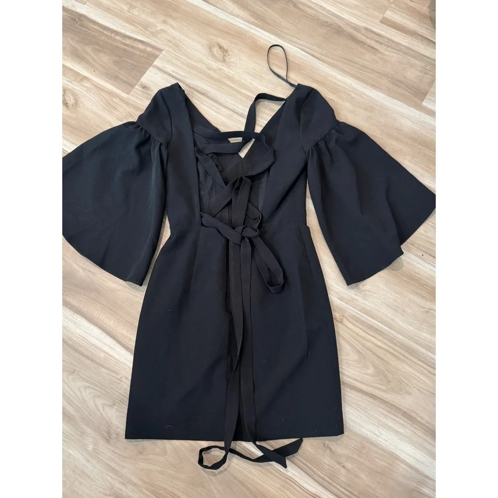 Milly Cady Bell Sleeve Black V Neck Mini Dress Tie back cocktail‎ Party Dress d1